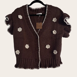 Women's Blu Pepper Brown & White Floral Knit Cardigan Western Touch L